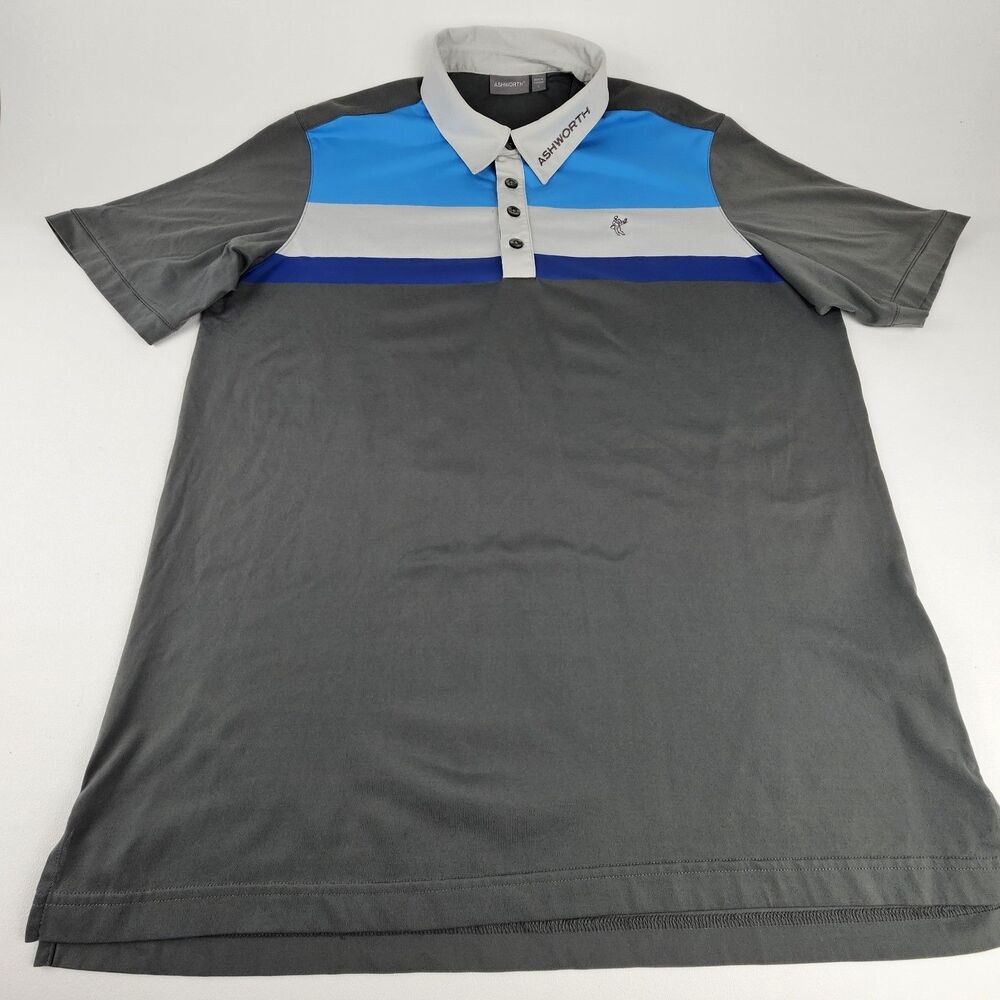 Ashworth Golf Polo Shirt Mens Large Colorblock Blue Gray White Performance Golfe